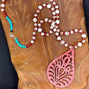HANDMADE Red wood pendant necklace with cream and red beads.